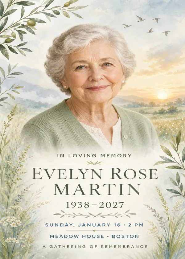 In loving memory invitation with a fictional portrait in a watercolor meadow