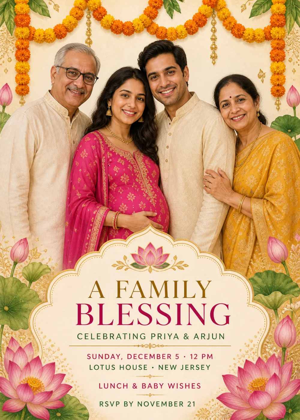 Family blessing baby shower invitation with a sample portrait of an expecting couple and two older relatives in cream kurtas, a magenta kurta and a mustard-yellow sari beneath orange and yellow marigold garlands, with pink lotuses and round green lotus leaves along the sides and “A Family Blessing” in gold and magenta serif capitals on a lotus-topped scalloped ivory plaque