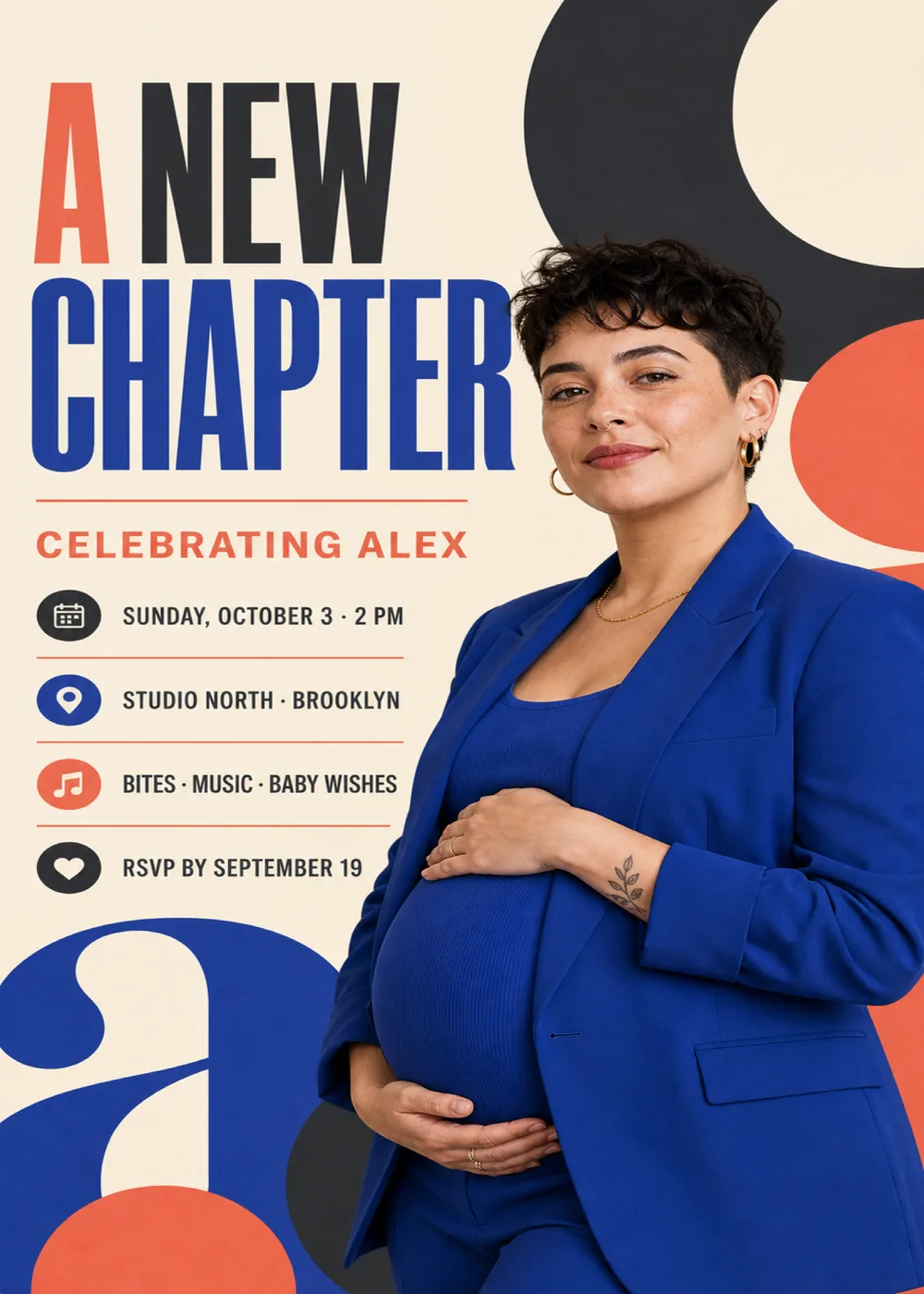 Baby shower invitation with a sample portrait of a parent-to-be in a cobalt blazer over a matching top, hands cradling the bump, standing beside “A New Chapter” in towering coral, charcoal and cobalt condensed capitals on cream paper, with “Celebrating Alex” in coral, the details in four rows beside round icon badges, and giant flat shapes in charcoal, coral and cobalt, including an oversized lowercase a
