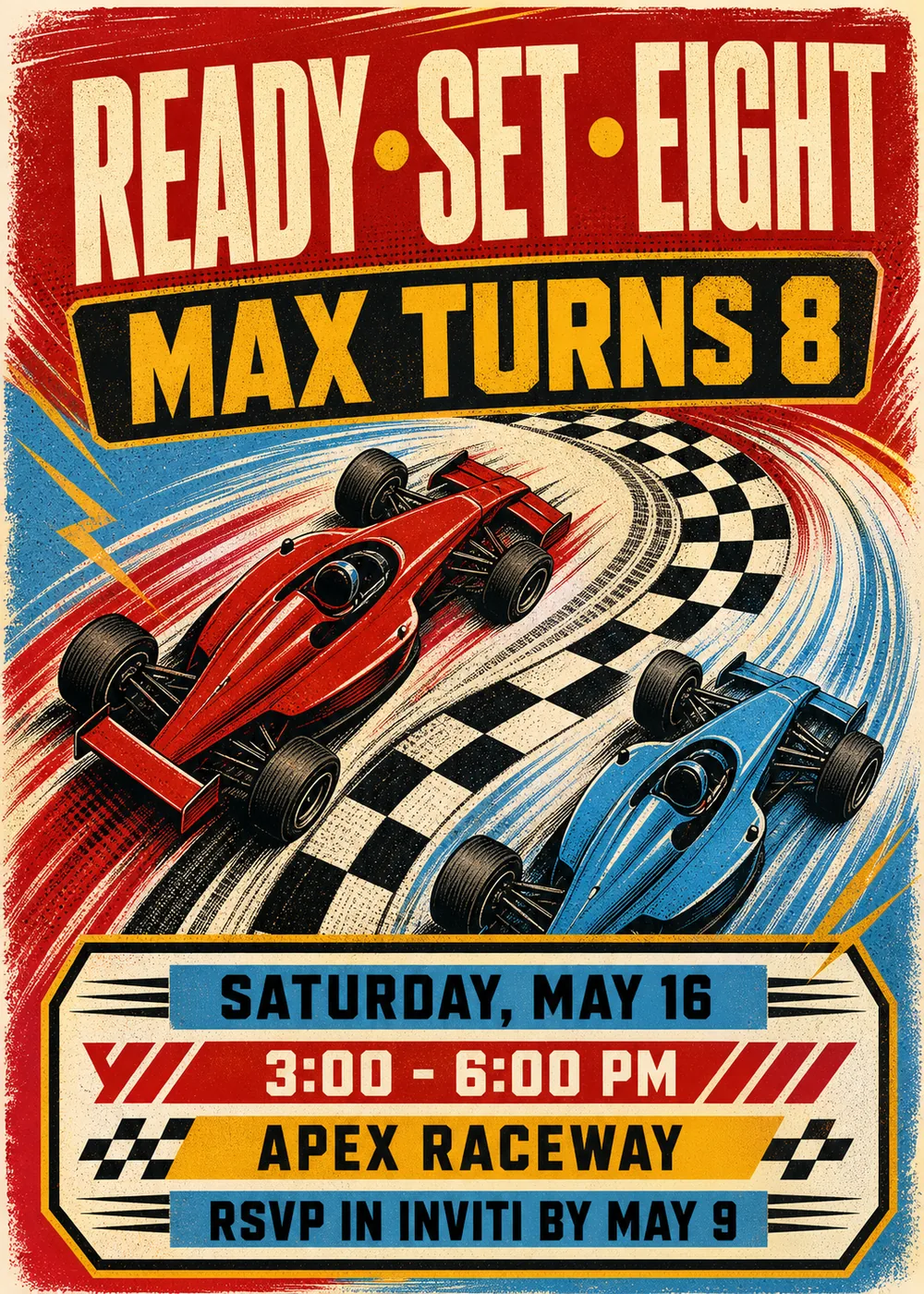 Ready Set Eight race car birthday invitation with tall distressed warm-white lettering on red and a mustard name on a black plate above a red and a blue open-wheel race car speeding along either side of a curving checkered track, with the party details on colored bars in a framed warm-white panel