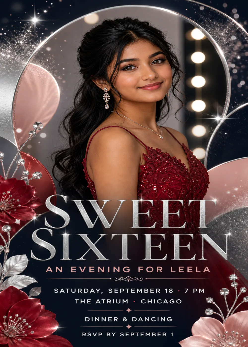 Sweet Sixteen invitation with a sample portrait of a smiling teen in a sequined burgundy gown inside a thin silver ring, glowing round bulb lights and blush, silver and burgundy discs behind her, silver glitter in the top corners, metallic burgundy and blush flowers with crystal sprigs in the lower corners, and large silver serif capitals across the gown above blush and ivory party details on deep navy