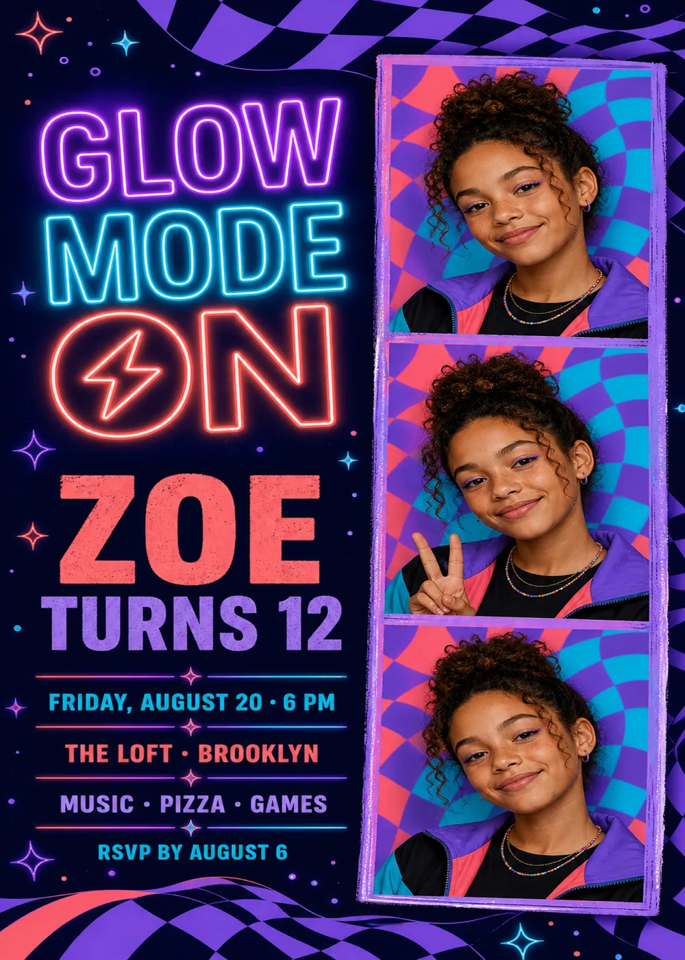 Glow Mode On 12th birthday invitation with the headline in stacked violet, cyan and coral neon-tube capitals, “Zoe Turns 12” in coral and violet block capitals and the party details on a deep navy field, beside a violet-framed photo-booth strip of three sample shots of a smiling tween in a color-block jacket against a coral, violet and cyan checkerboard, with wavy checkerboard bands and small neon sparkles around the edges