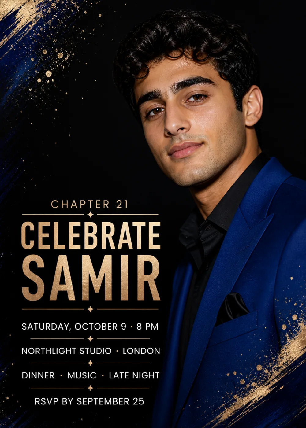 Chapter 21 birthday invitation with a sample portrait of a young man in a royal-blue suit jacket and black shirt against a black background, navy and gold-leaf brushstrokes with gold flecks in the top left and bottom right corners, and “Celebrate Samir” in tall gold capitals above cream party details divided by thin gold rules with small stars