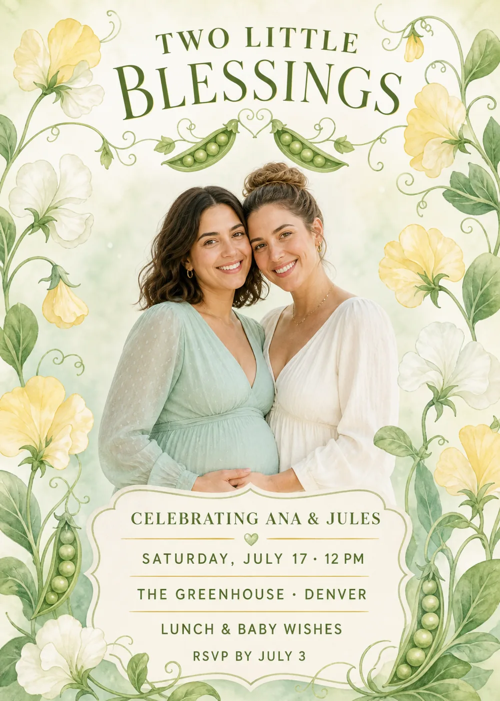 Two Little Blessings twin baby shower invitation with a sample portrait of an expecting couple standing cheek to cheek, one in a pale sage dress and one in ivory, their hands meeting beneath the bump, on a pale green watercolor wash bordered by butter-yellow and white sweet peas, leafy vines and open pea pods, with a pair of pea pods joined by a tendril heart under “Two Little Blessings” in olive serif capitals and the details in a cream cartouche