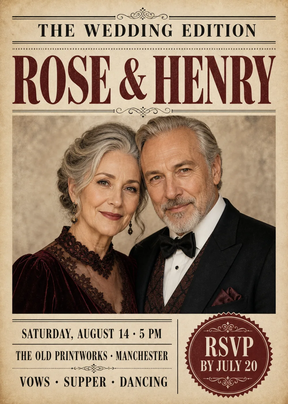 Wedding invitation laid out like the front page of an aged newspaper, with “The wedding edition” in black capitals between double rules, “Rose & Henry” as a huge burgundy headline, a wide sample photograph of a couple leaning their heads together, she in a burgundy velvet and lace gown and he in a tuxedo and bow tie, and the details in a ruled column beside a round burgundy RSVP seal with a serrated edge