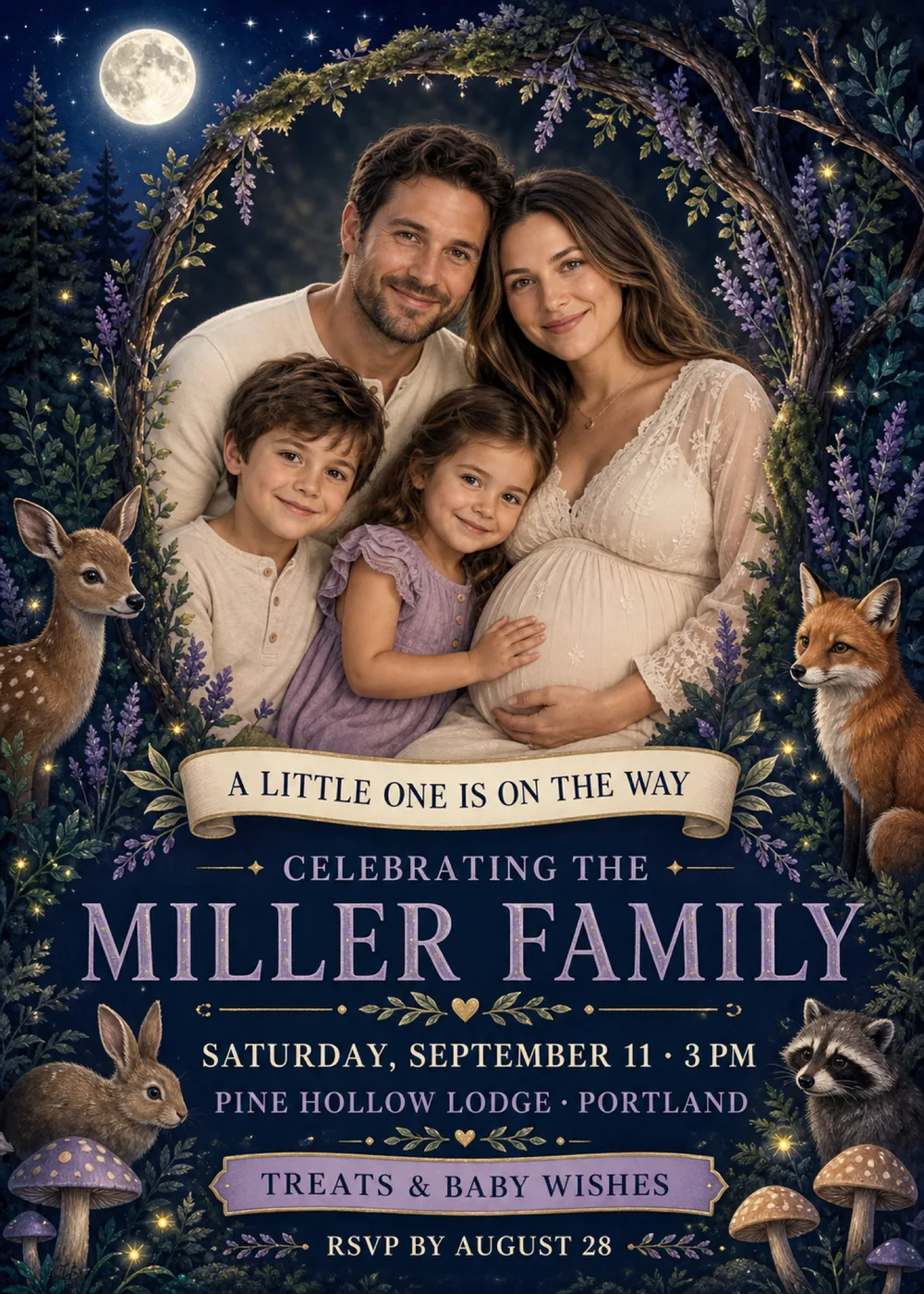 Woodland baby shower invitation with a sample portrait of a family of four, the parent-to-be cradling the bump, under a mossy branch arch hung with lavender beneath a full moon, with a fawn, fox, rabbit, raccoon and spotted mushrooms around a midnight-navy panel and “Miller Family” in large lavender serif capitals